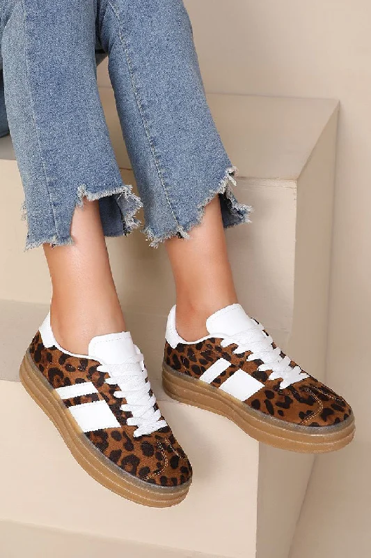 LEOPARD LACE UP CHUNKY SIDE DETAIL FLAT SNEAKERS TRAINERS