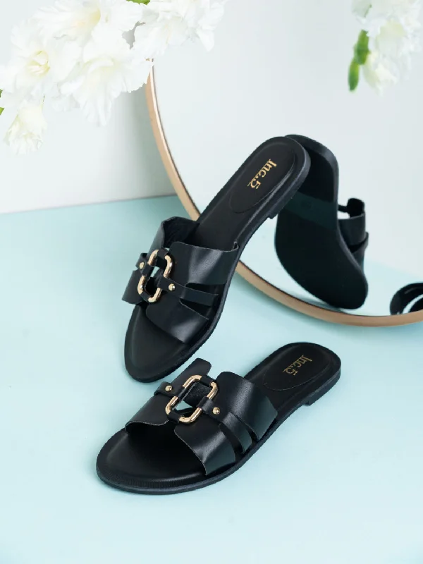 Womens Black Casual Solid Open Toe Flats