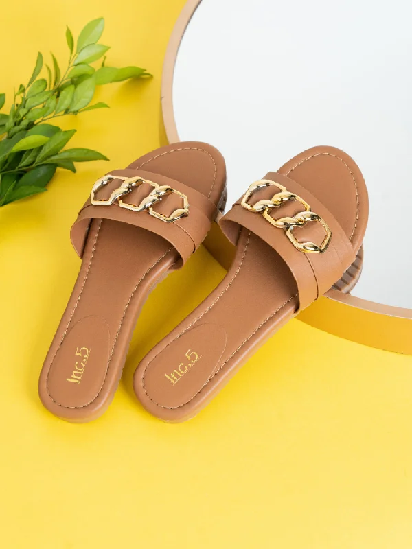 Womens Tan Casual Solid Open Toe Flats