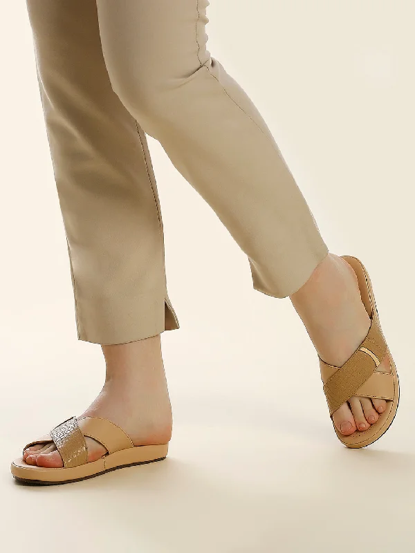 Womens Beige Casual Cross strap Round Toe Comfort Flats