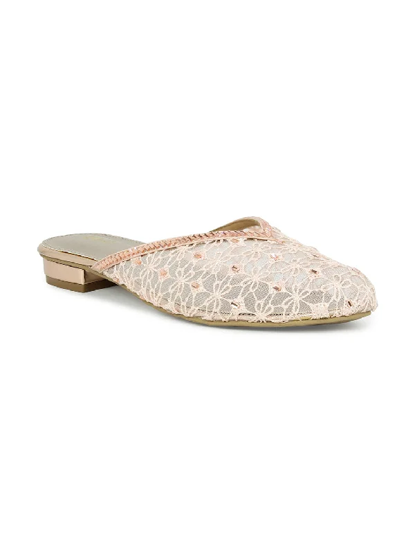 Women Rose Gold Embellished Ethnic Mules Flats