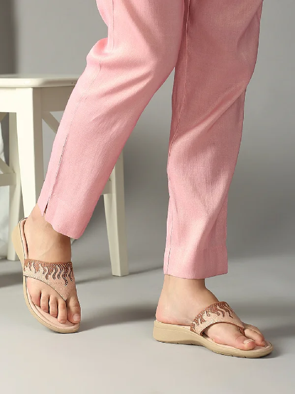 Womens Peach Casual Embellished Round Toe Casual Flats