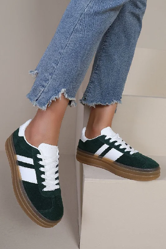 GREEN LACE UP CHUNKY SIDE DETAIL FLAT SNEAKERS TRAINERS