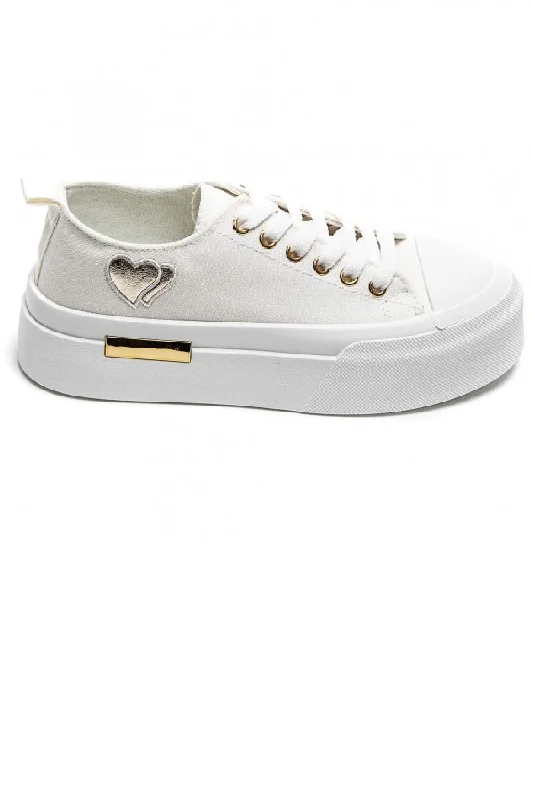 WHITE LACE UP HEART DETAIL CHUNKY STYLISH FLAT TRAINERS