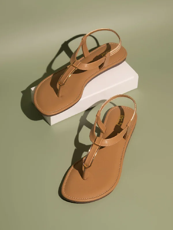 Women Beige T-Strap Flats with Buckles