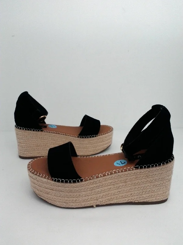 AQUA Women's Platform Black leather Sandals Espadrille Wedge Size 7.5M