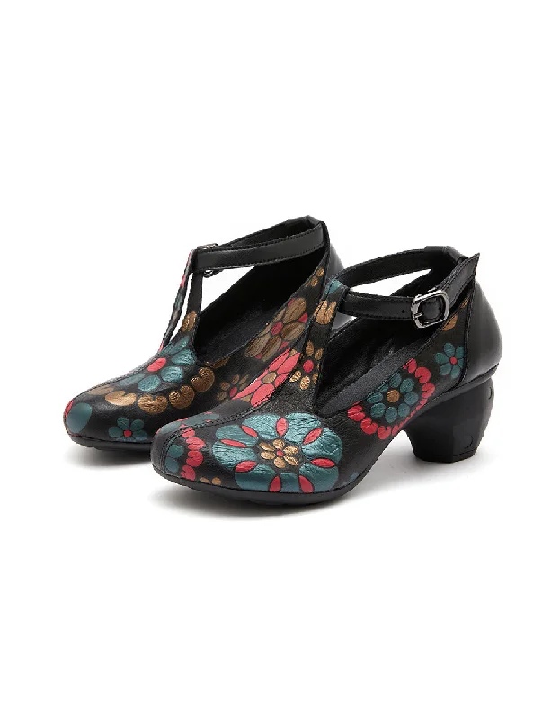 Flower Printed Leather T-strap Chunky Heels