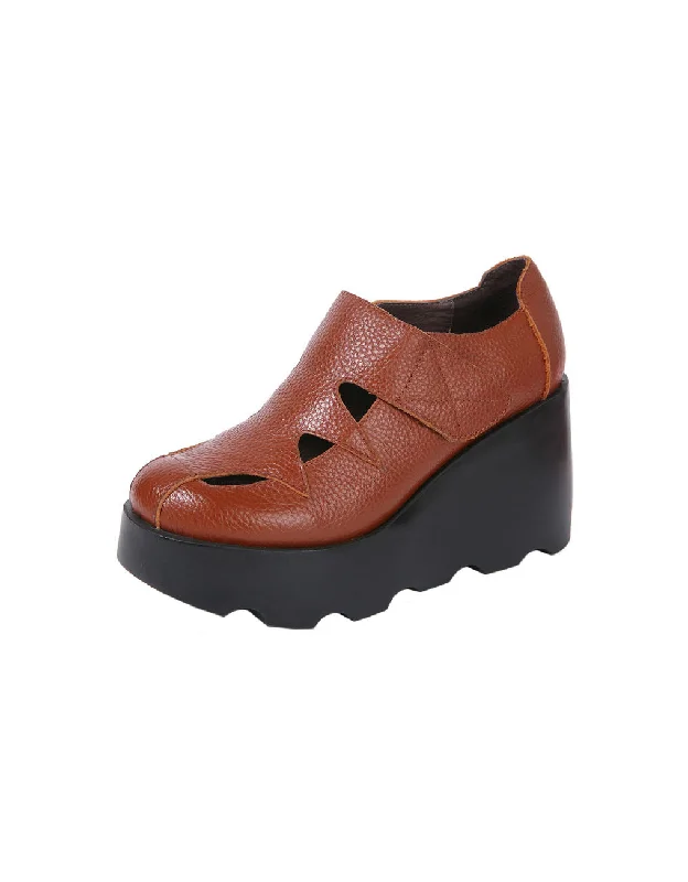 Handmade Leather Close-toe Hollow Wedge Shoes