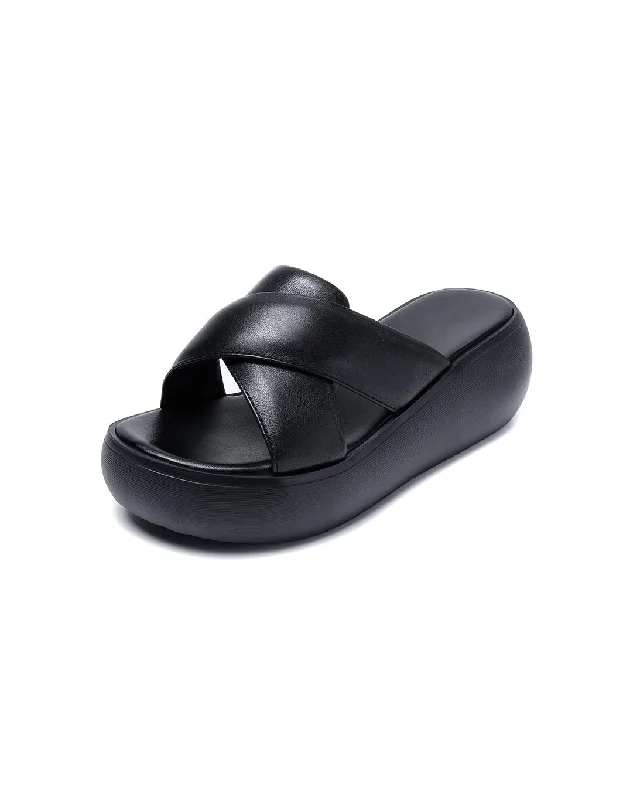 Comfortable Leather Cross Strap Wedge Slippers