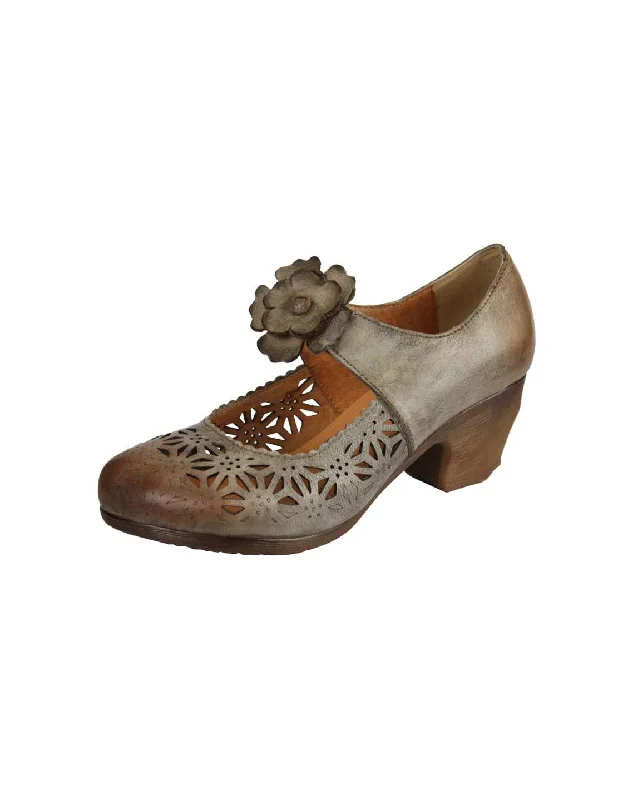 Handmade Retro Leather Hollow Flower Chunky Heels