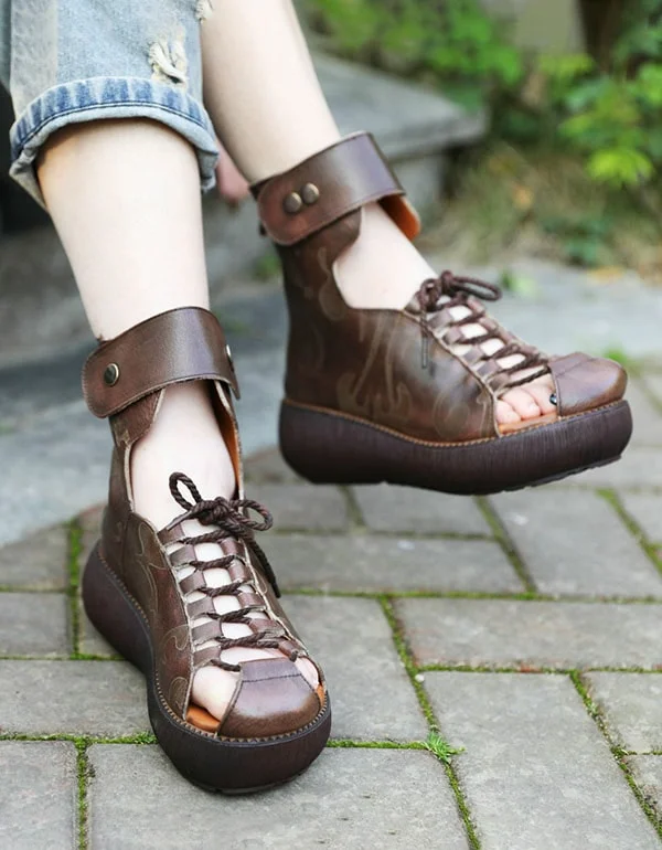 Lace-Up Handmade Leather Summer Wedge Sandals