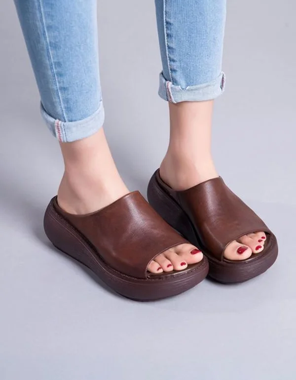 Open Toe Retro Leather Summer Slippers Sandals