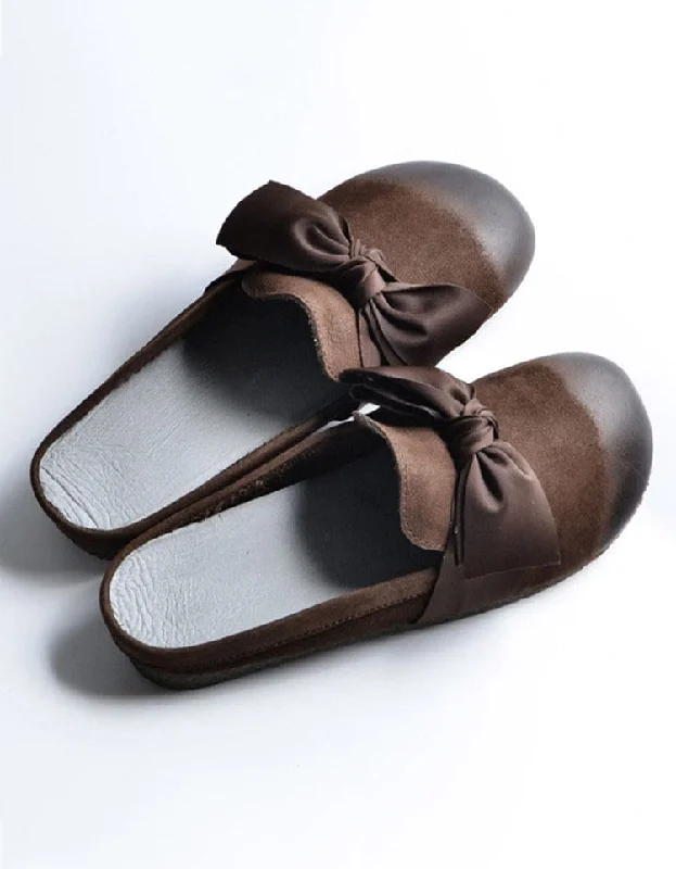 Retro Leather Bowknot Soft Bottom Slippers