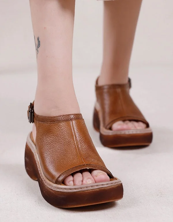 Retro Leather Summer Open Toe Platform Sandals