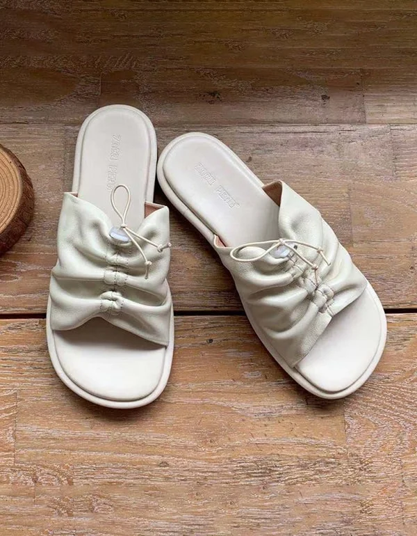 Retro Leather Summer Slippers Beige