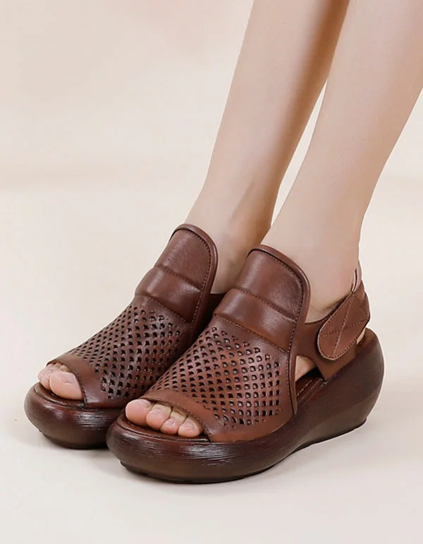 Retro Leather Summer Wedge Heel Sandals