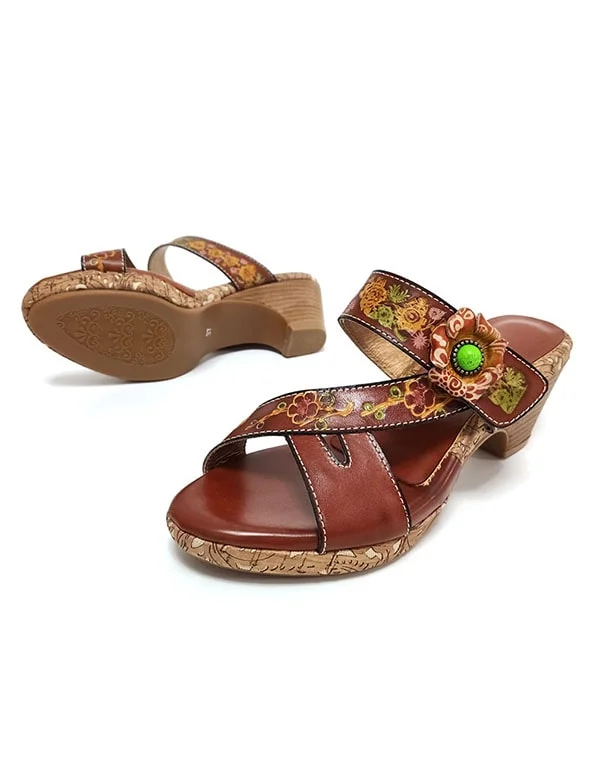 Ethnic Vintage Handmade Flowers Leather Slippers