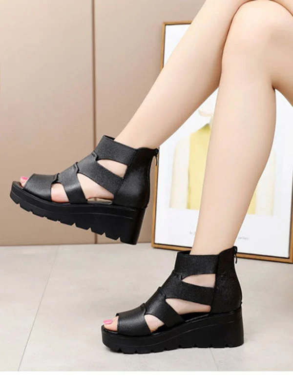 Summer Leather Sandals Wedge Heels Black