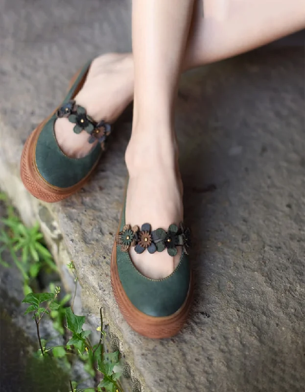 Summer Retro Leather Flower Green Slippers