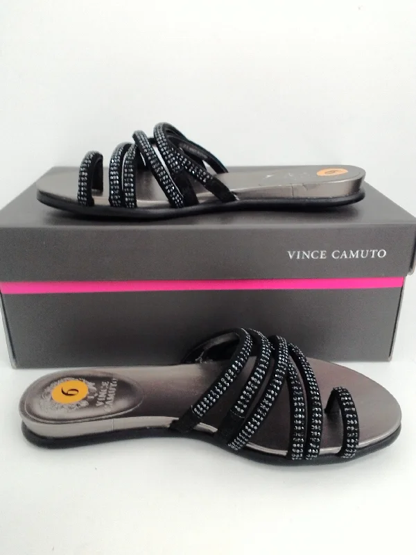 Vince Camuto VC-Ezzina Crystal Embellished Slide Black Sandal Microsuede Size 6