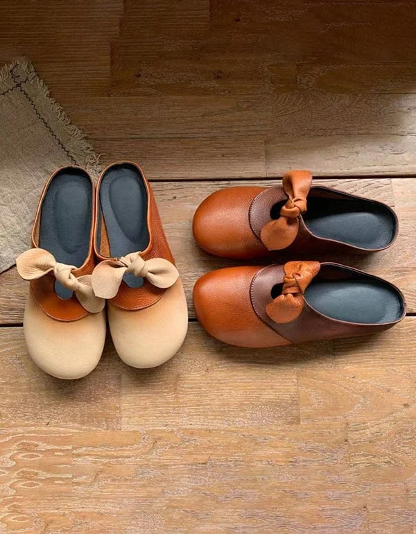 Women's Handmade Bowknot Soft Leather Slides